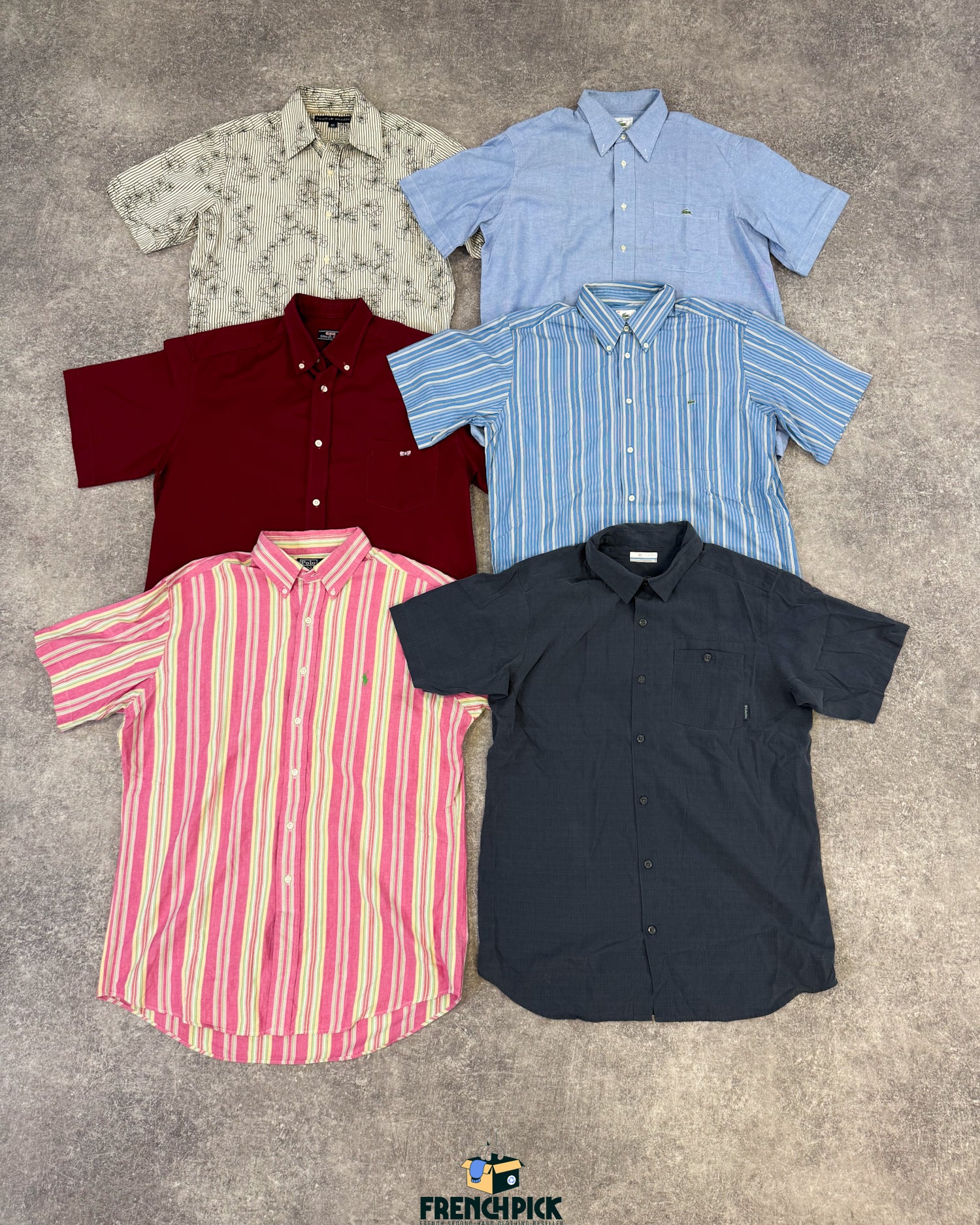 chemise-manches-courtes-homme-marque-brand-lacoste-ralph-lauren-hugo-boss-columbia-femme-moderne-vintage-vetement-grossiste-friperie-wholesaler-seconde-main-marque-occasion-textile-piece-80-90-2000-2010-french-pick