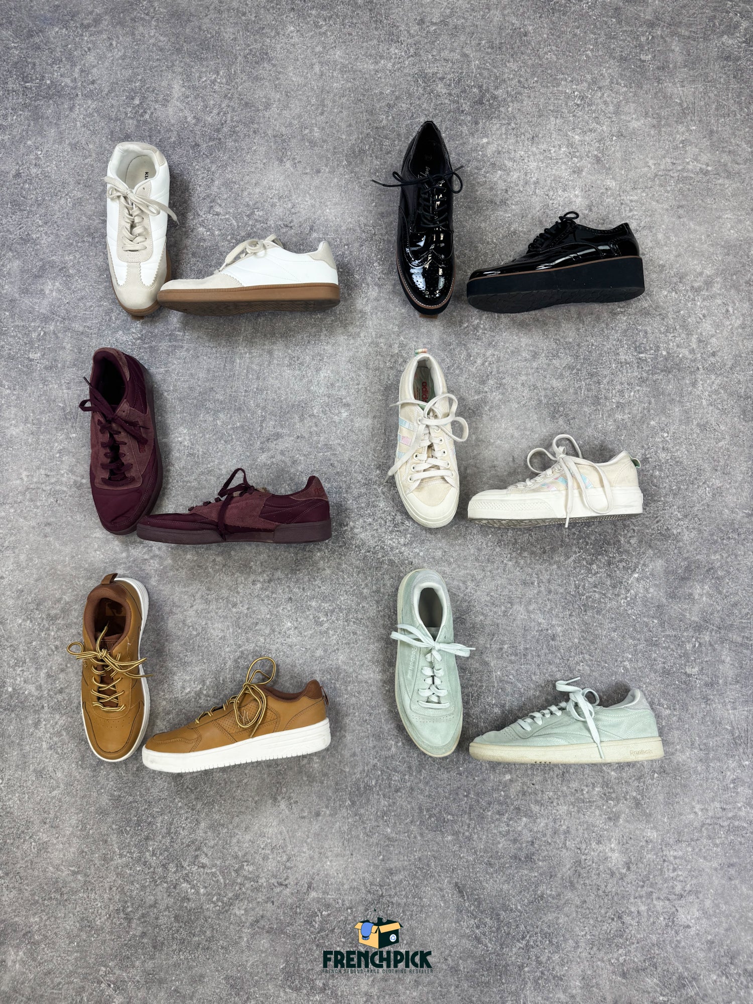 chaussures-de-ville-baskets-derbies-marques-adidas-bocage-Nike-hiver-femme-moderne-vetement-grossiste-friperie-wholesaler-seconde-main-marque-occasion-textile-piece-80-90-2000-2010-french-pick