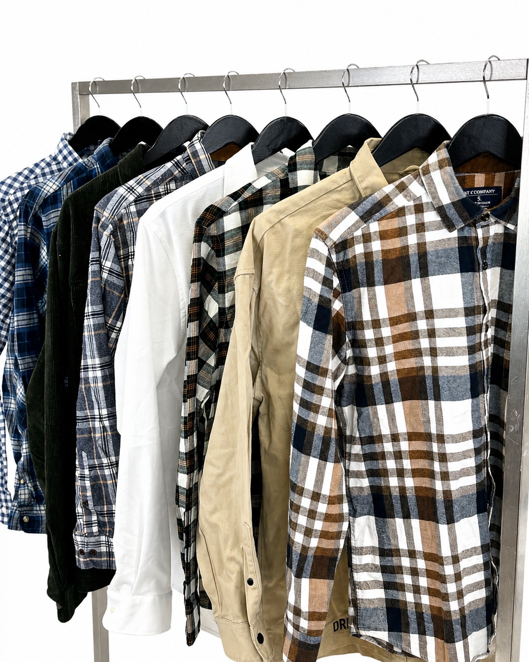 Mix-chemises-a-manches-courtes-longues-epaisses-flanelle-col-motifs-rayes-carreaux-unies-couleurs-costume-moderne-homme-ete-hiver-vetement-vintage-grossiste-friperie-wholesaler-seconde-main-marque-occasion-revente-textile-piece-80-90-2000-2010-Y2K-french-pick-reseller-vinted