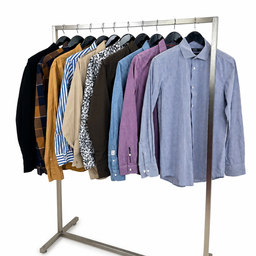 Mix-chemises-a-manches-longues-col-motifs-rayes-carreaux-unies-couleurs-costume-moderne-homme-ete-hiver-vetement-vintage-grossiste-friperie-wholesaler-seconde-main-marque-occasion-revente-textile-piece-80-90-2000-2010-Y2K-french-pick-reseller-vinted