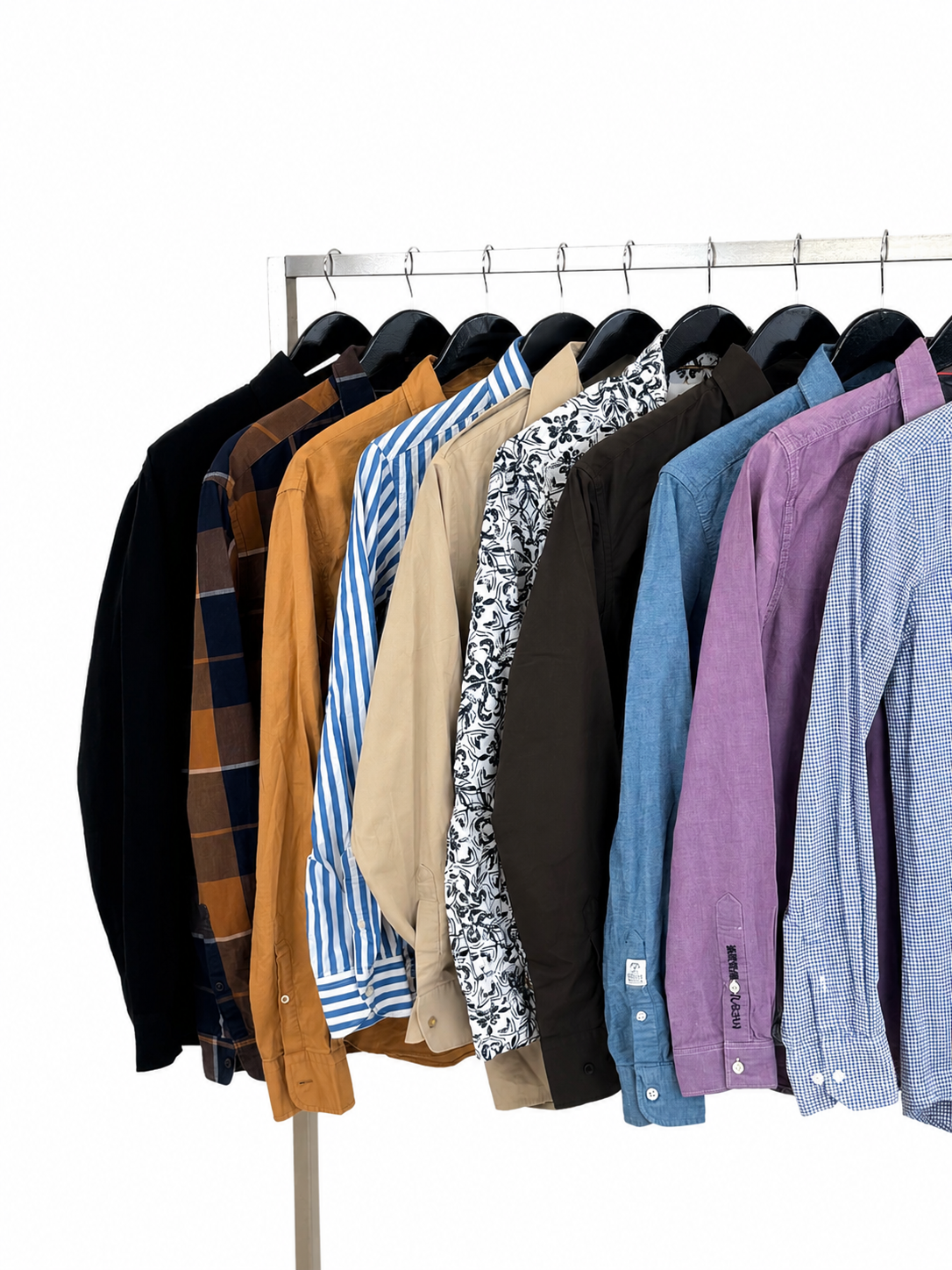 Mix-chemises-a-manches-longues-col-motifs-rayes-carreaux-unies-couleurs-costume-moderne-homme-ete-hiver-vetement-vintage-grossiste-friperie-wholesaler-seconde-main-marque-occasion-revente-textile-piece-80-90-2000-2010-Y2K-french-pick-reseller-vinted